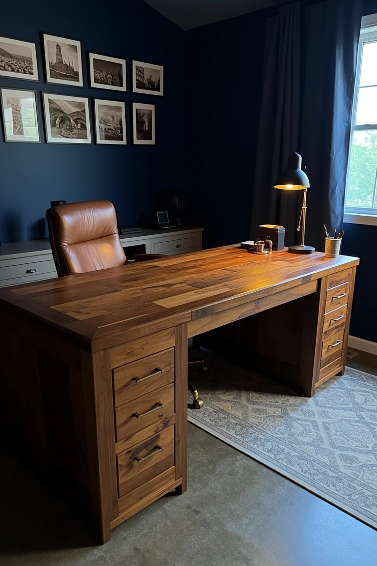 Home office with a large rectangular walnut desk, brown leather chair, navy walls, and framed black-and-white photos