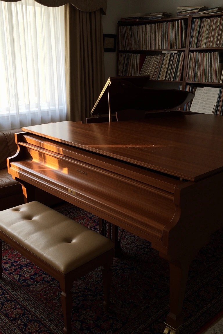 Wooden grand piano with bench in a book-filled room next to a window