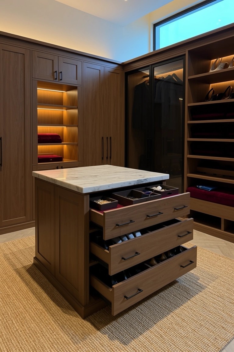 Dark wood walk-in closet with central island featuring marble top, open drawers showing shoes, and surrounding cabinetry for clothes