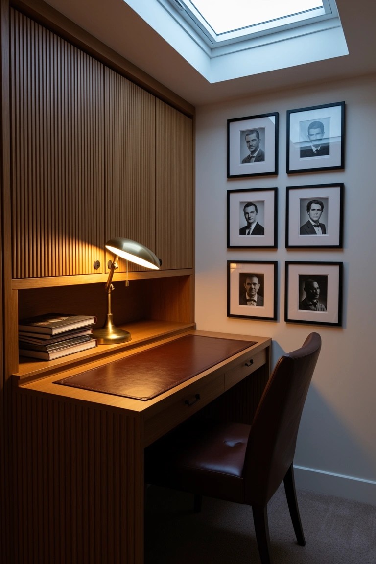 Wooden desk nook with slatted cabinetry, brass lamp, leather chair, and black-and-white photo grid on wall under skylight