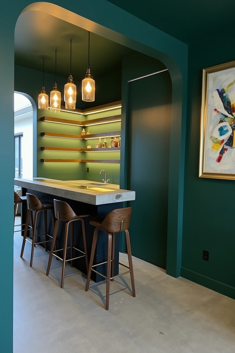 Dark green arched nook with backlit wooden bar shelves holding liquor bottles, marble countertop, and wooden stools