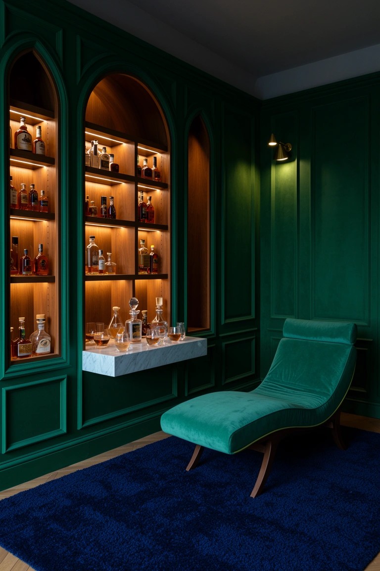 Dark green paneled room with arched wooden shelves backlit to display whiskey bottles, plus a green velvet chaise lounge on blue rug