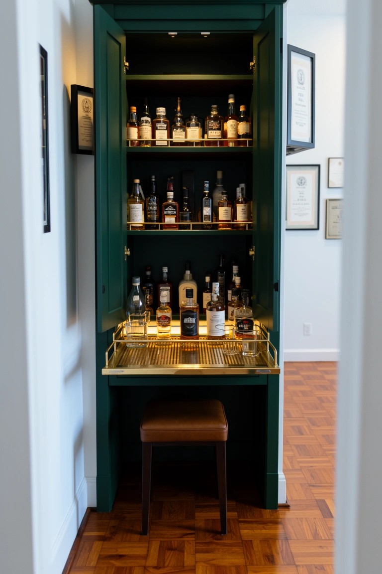 Tall dark green armoire with internal lighting displaying whiskey bottles on shelves, gold pull-out tray, and leather stool in front
