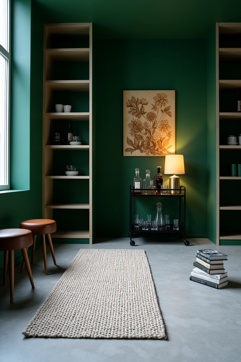 Dark green room with matching tall wooden bookshelves flanking a central bar cart holding liquor bottles and glassware, plus leather stools and a lamp-lit artwork