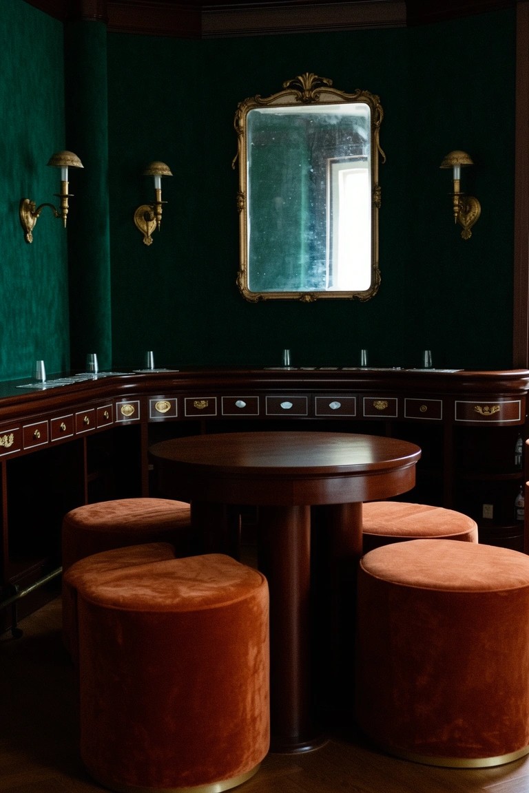 Dark green paneled bar nook with wooden cabinets, round table, orange velvet pouf stools, and gold-framed mirror