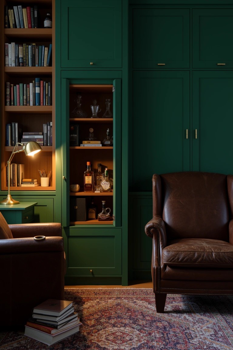 Dark green built-in cabinetry with bookshelves, glass-door liquor display holding whiskey bottles, desk lamp, leather armchair, and stacked books on wood floor