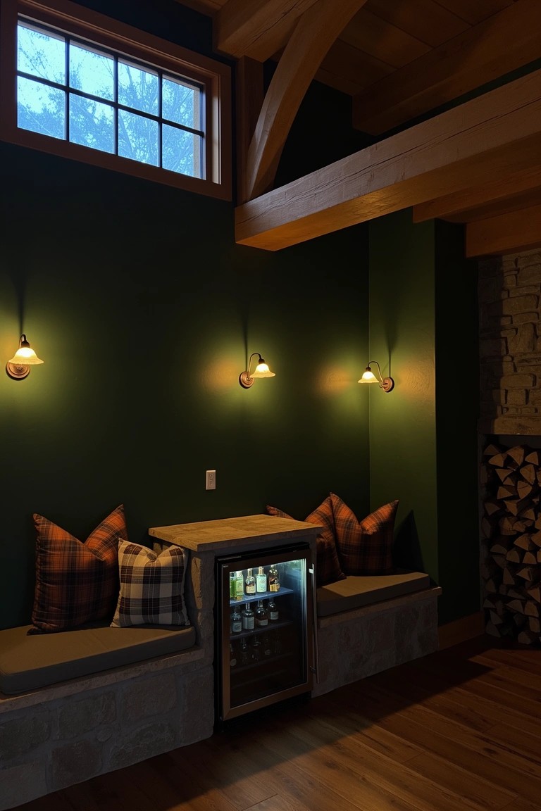 Dark green built-in corner bench with plaid pillows and under-bench beverage fridge next to stone fireplace and wood stack