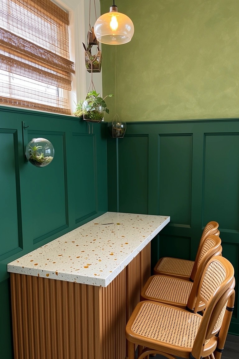 Compact home bar nook with dark green paneled walls, speckled white wood counter, and rattan stools