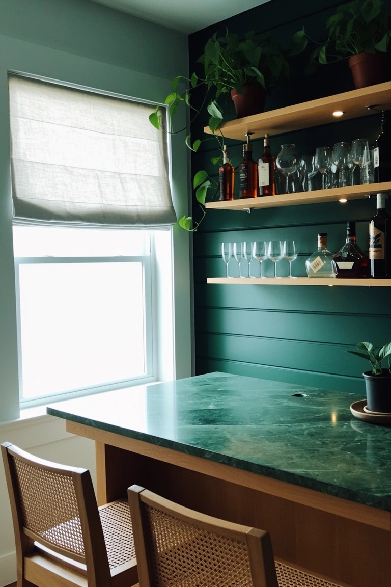Dark Green Plank Wall Bar Shelves
