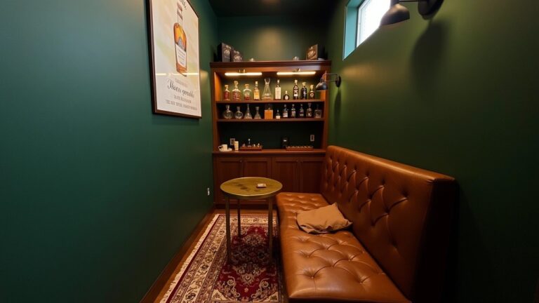 Narrow dark green whiskey room with built-in wooden bar cabinets full of bottles, tufted leather bench seating, small round table, brass wall lamps, and a Persian rug.