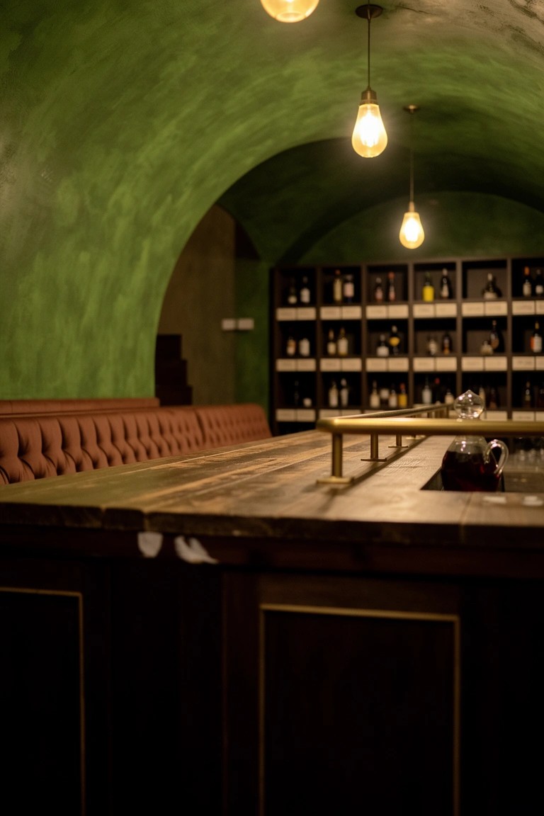 Emerald green arched wall enclosing a wooden bar with brass rails, bottle shelves, and tufted red bench seating