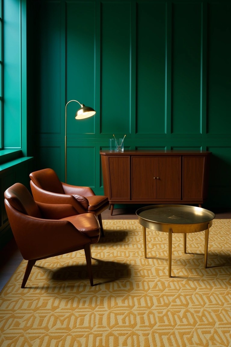 Dark green paneled room featuring two tan leather armchairs, wooden credenza, brass coffee table on yellow patterned rug, and arched floor lamp