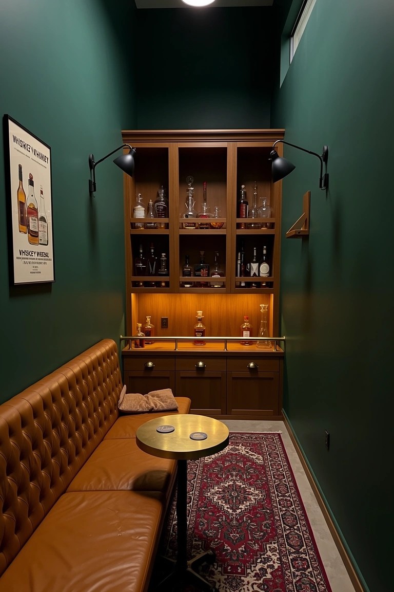 Narrow dark green whiskey room with built-in wooden bar cabinets full of bottles, tufted leather bench seating, small round table, brass wall lamps, and a Persian rug.