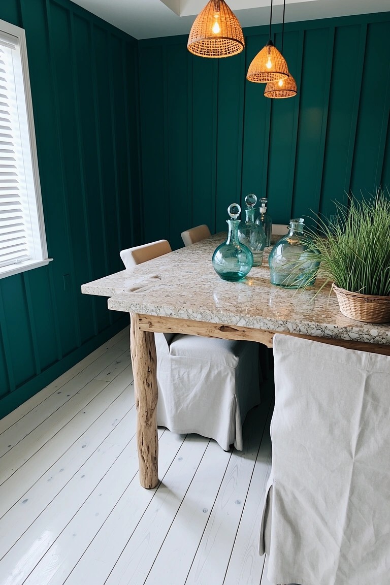 Rustic wood dining table with white slipcovered chairs against dark green paneled walls, topped with blue glass bottles and pampas grass