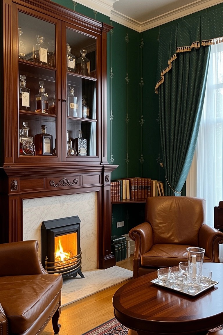 Tall wooden cabinet filled with whiskey bottles in a dark green room, with leather chairs by a fireplace and glasses on a round wooden table