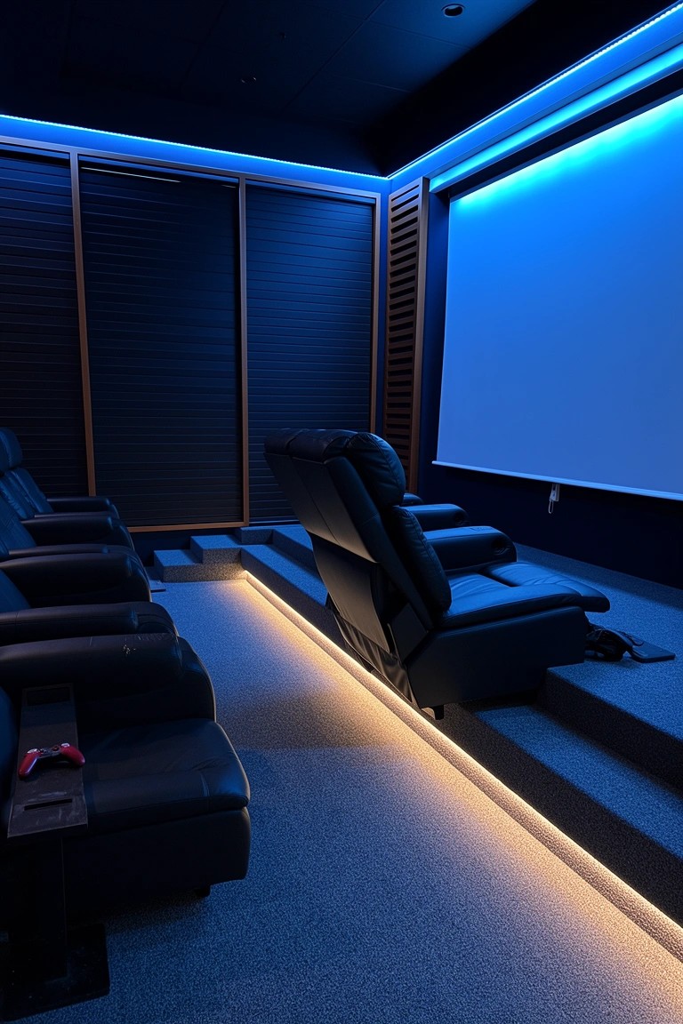 Home theater man cave with black recliners on tiered steps, white projection screen, and blue LED strip lighting along walls and floors