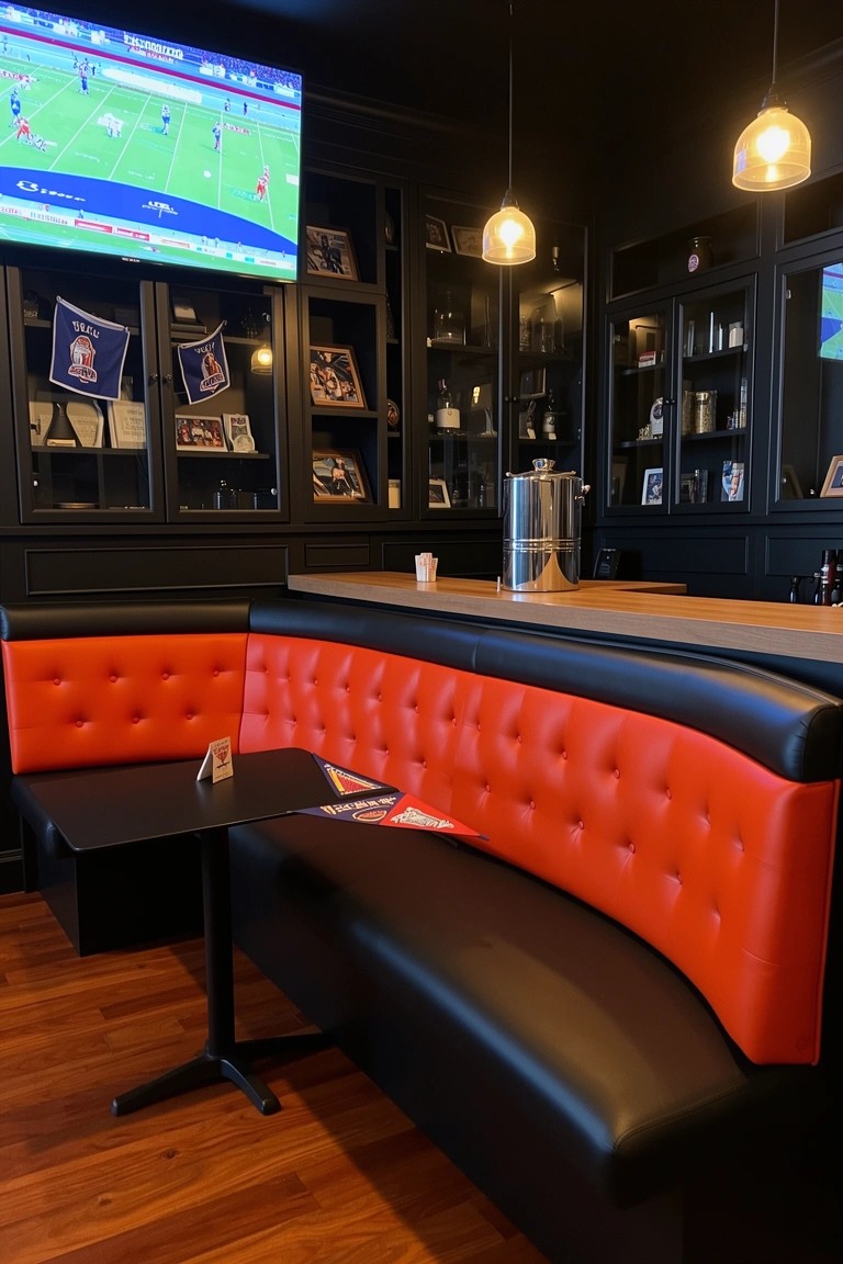 Dark-paneled man cave lounge with curved red tufted booth seating, wooden bar, sports TV on wall, and memorabilia shelves