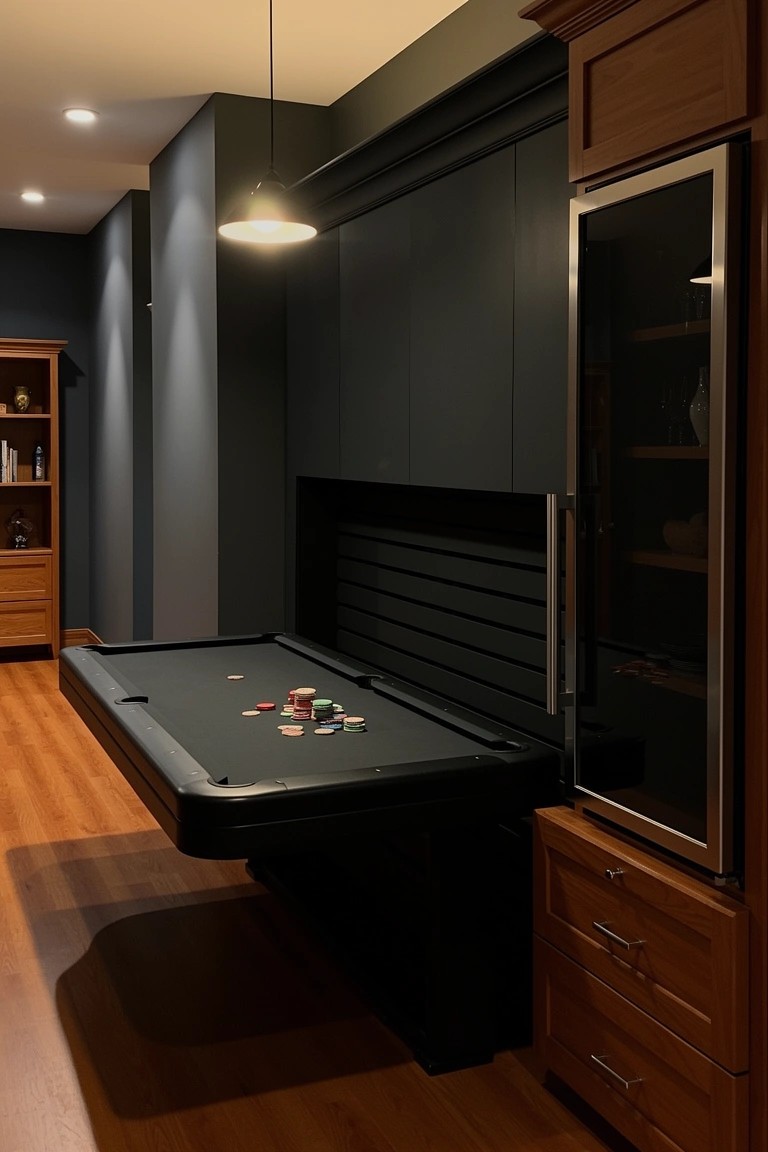 Black pool table folding out from dark wall cabinetry in a wood-floored man cave lounge with bookshelves and wine fridge