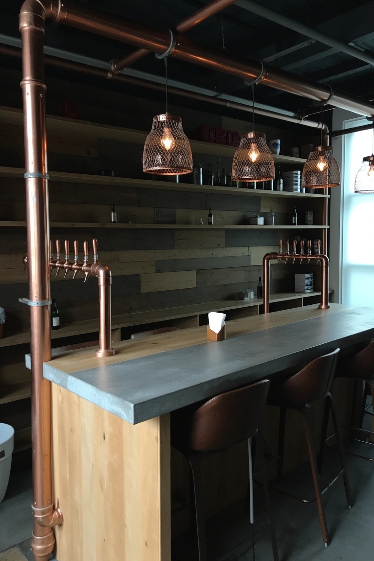 Copper pipe-framed bar counter with wood shelves and pendant lights in a man cave lounge