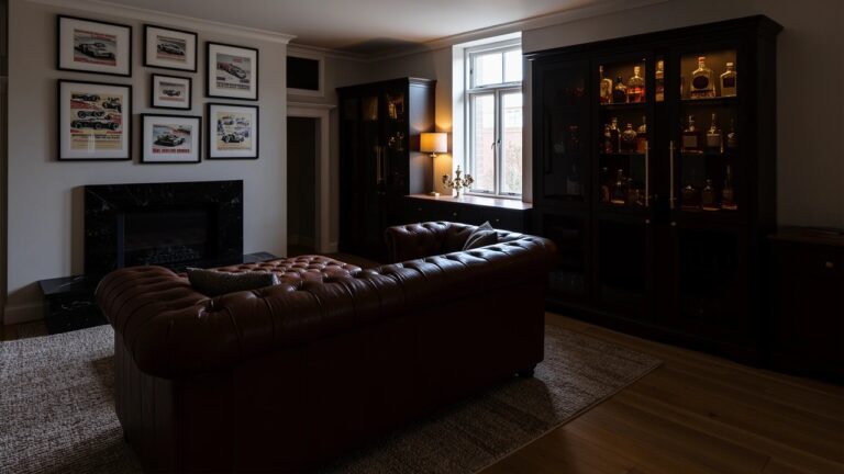 Cozy man cave lounge with brown tufted leather Chesterfield sofa and ottoman facing a black marble fireplace, dark wood bar cabinet displaying liquor bottles, and walls lined with vintage racing and motorsport posters