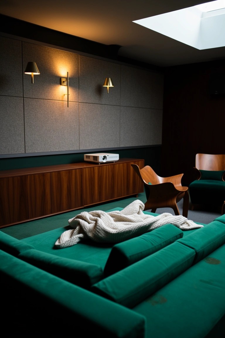Emerald green velvet sofa with throw blanket in a modern home media room featuring projector shelf, mid-century chairs, and wall sconces