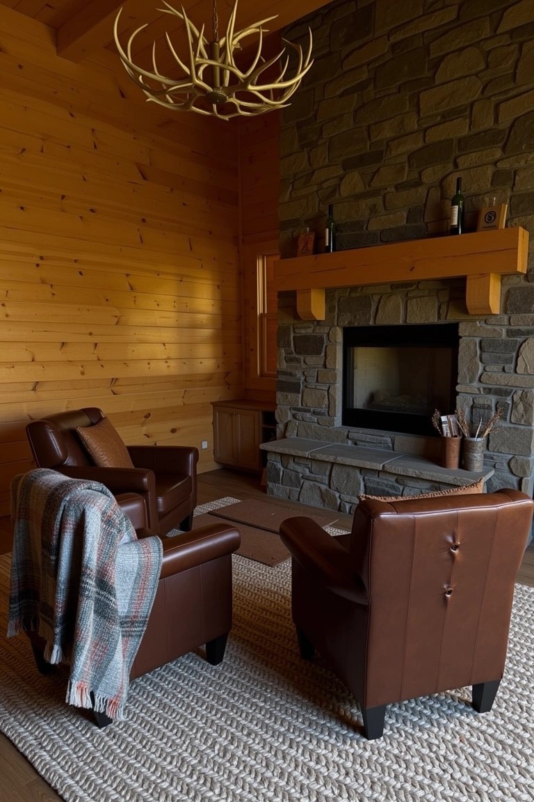 Cozy cabin lounge with two brown leather armchairs facing a stone fireplace, wood-paneled walls, and plaid throw blanket