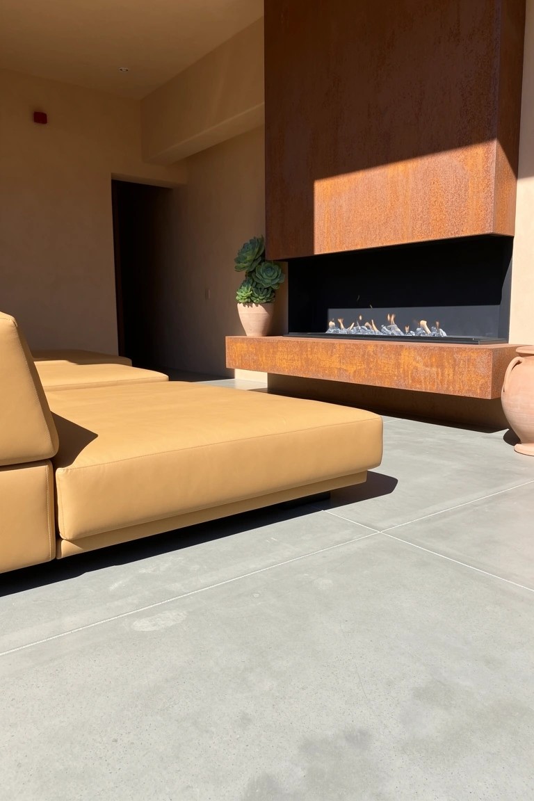 Beige modular sofa facing a sleek rust-toned linear gas fireplace built into a beige wall in a modern lounge area