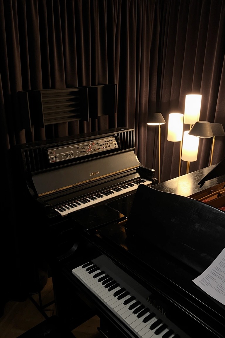 Black grand piano and keyboard setup in a dimly lit room with tall lamps and dark curtains