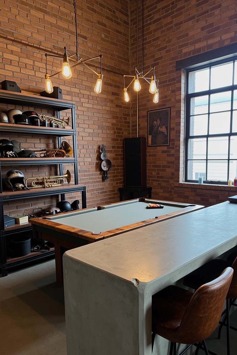 Industrial man cave corner with exposed brick walls, wooden pool table extended into concrete bar counter, leather stools, and metal shelves holding helmets and trumpets