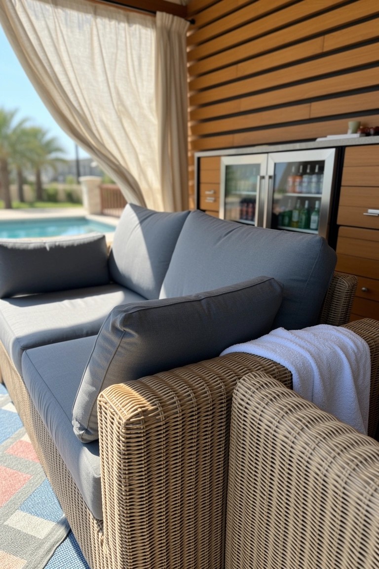 Covered outdoor patio lounge with gray cushioned sofa, adjacent wooden cabinet stocked with drinks, sheer curtains, and pool view