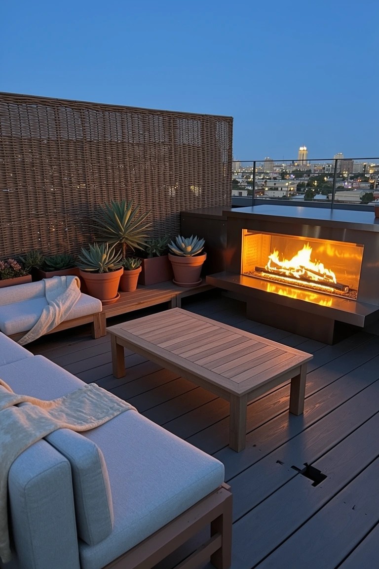 Rooftop deck lounge with sleek linear fire pit, neutral L-shaped sofa, teak coffee table, potted succulents, and city skyline at dusk