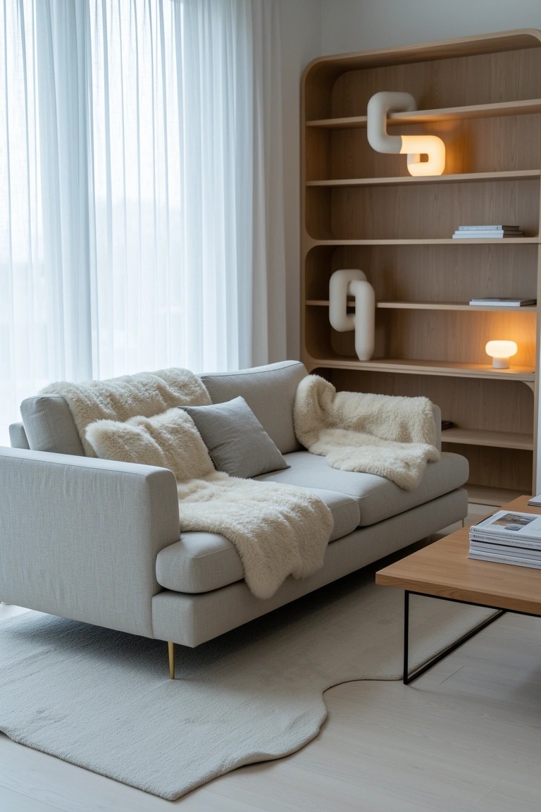 Light gray modern sofa layered with white sheepskin throws and pillows next to curved wooden shelves in a bright living room