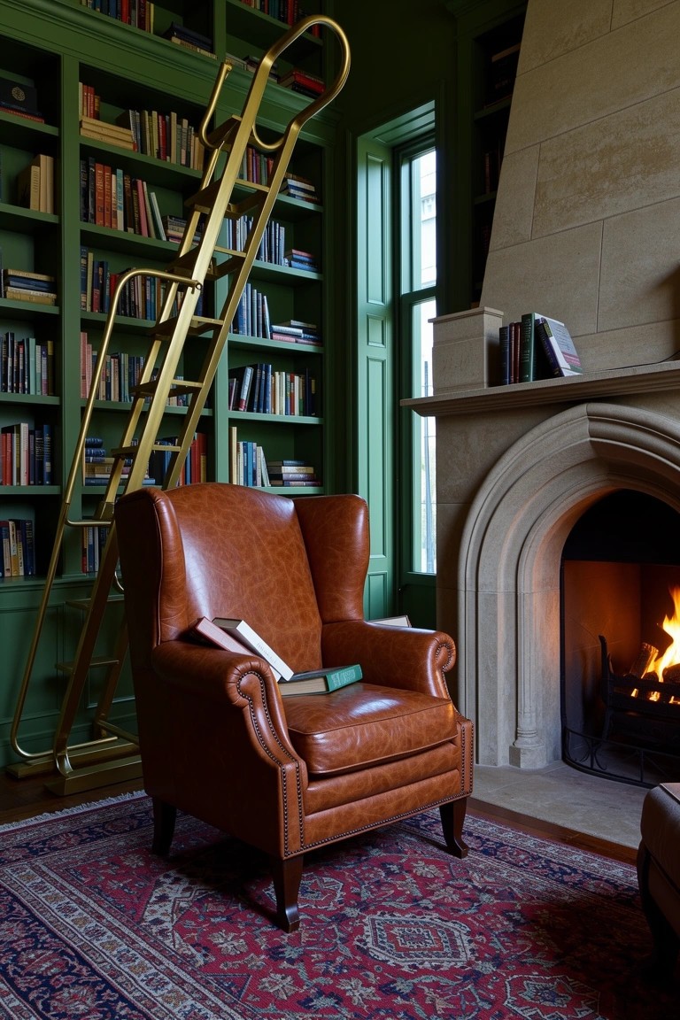 Green library wall with gold rolling ladder, leather armchair, and fireplace on stone hearth