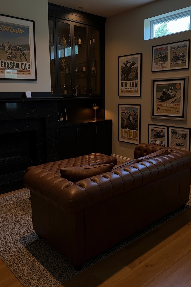 Cozy man cave lounge with brown tufted leather Chesterfield sofa and ottoman facing a black marble fireplace, dark wood bar cabinet displaying liquor bottles, and walls lined with vintage racing and motorsport posters