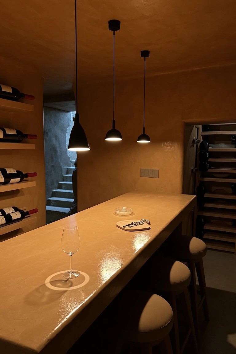 Wooden bar counter with stools in a cozy wine cellar, pendant lights overhead and racks of bottles on textured walls