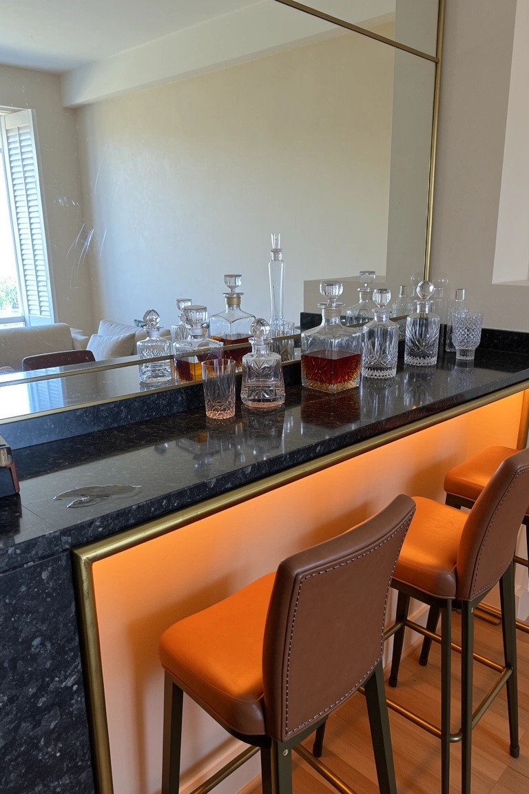 Built-in home bar with black marble countertop edged in gold and warm underlighting, orange leather bar stools, and rows of glass decanters on display against a mirrored backsplash