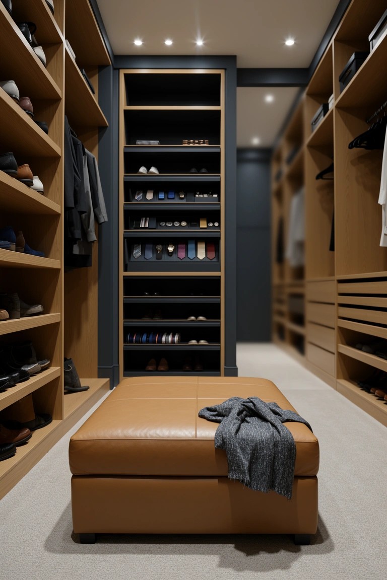 Walk-in closet with extensive built-in wood shelves organizing suits, shoes, and accessories around a central tan leather ottoman