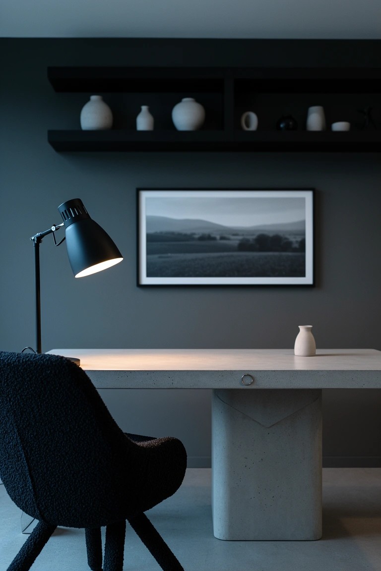 Minimalist home office with angular concrete desk, black sheepskin chair, desk lamp, and white ceramics on wall shelves against dark walls