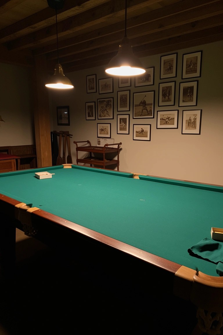 Rustic wooden room centered on a green pool table with pendant lamps overhead and black-and-white photo gallery on the wall