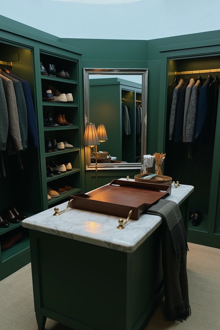 Deep green fitted wardrobes in a walk-in closet with central marble table, brass details, hanging suits and shoe shelves
