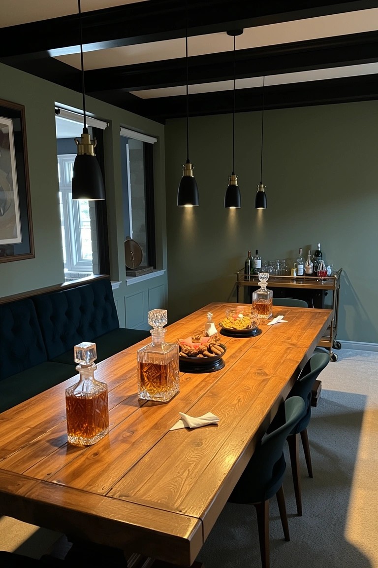 Wooden dining table arranged as a home bar with whiskey decanters, glasses, and snacks, velvet green sofa and chairs nearby in a green-walled room with pendant lights and bar cart