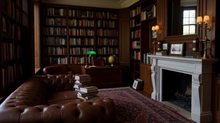 Wood-paneled library room with floor-to-ceiling bookshelves, tufted leather sofa, wooden desk, and green banker's lamp