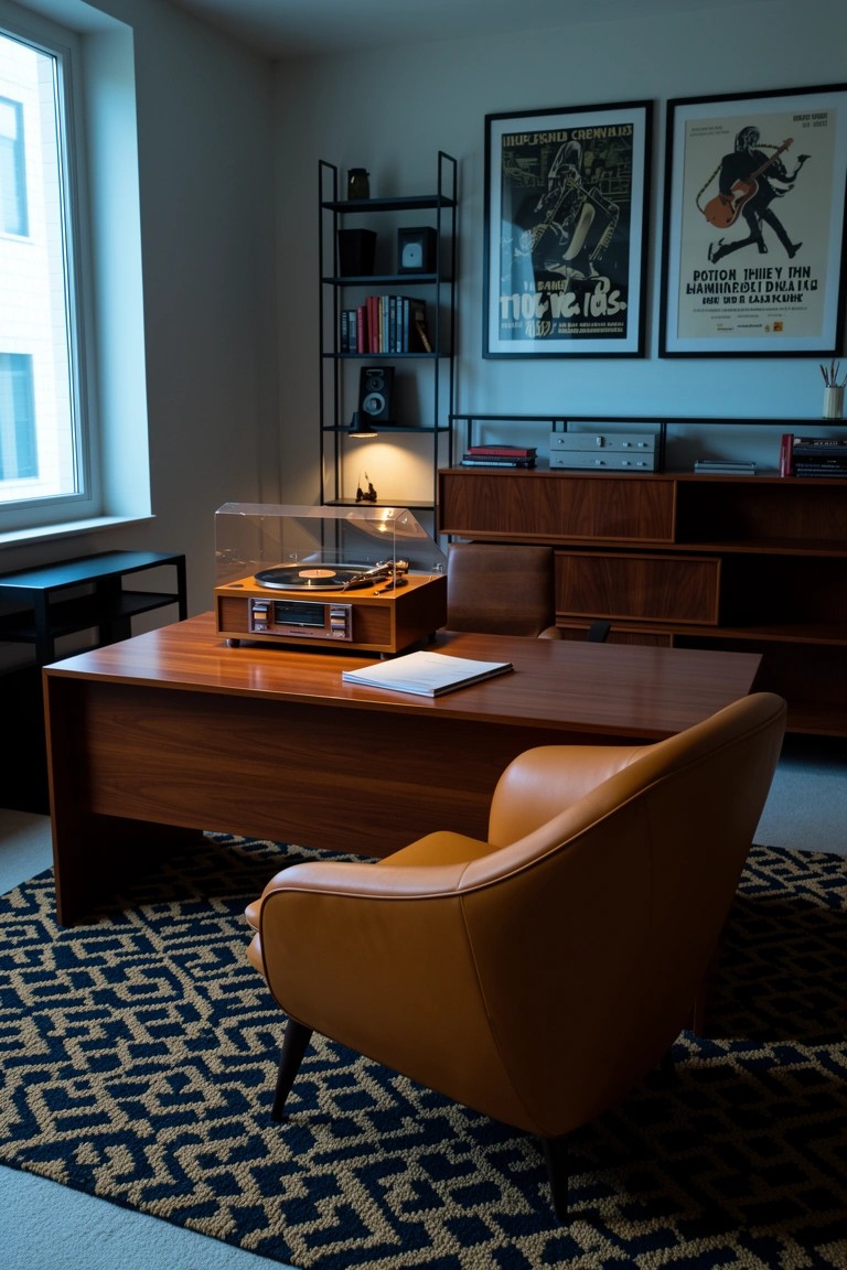 Wooden desk with vintage record player in a cozy home study featuring leather chair, shelves, and music posters