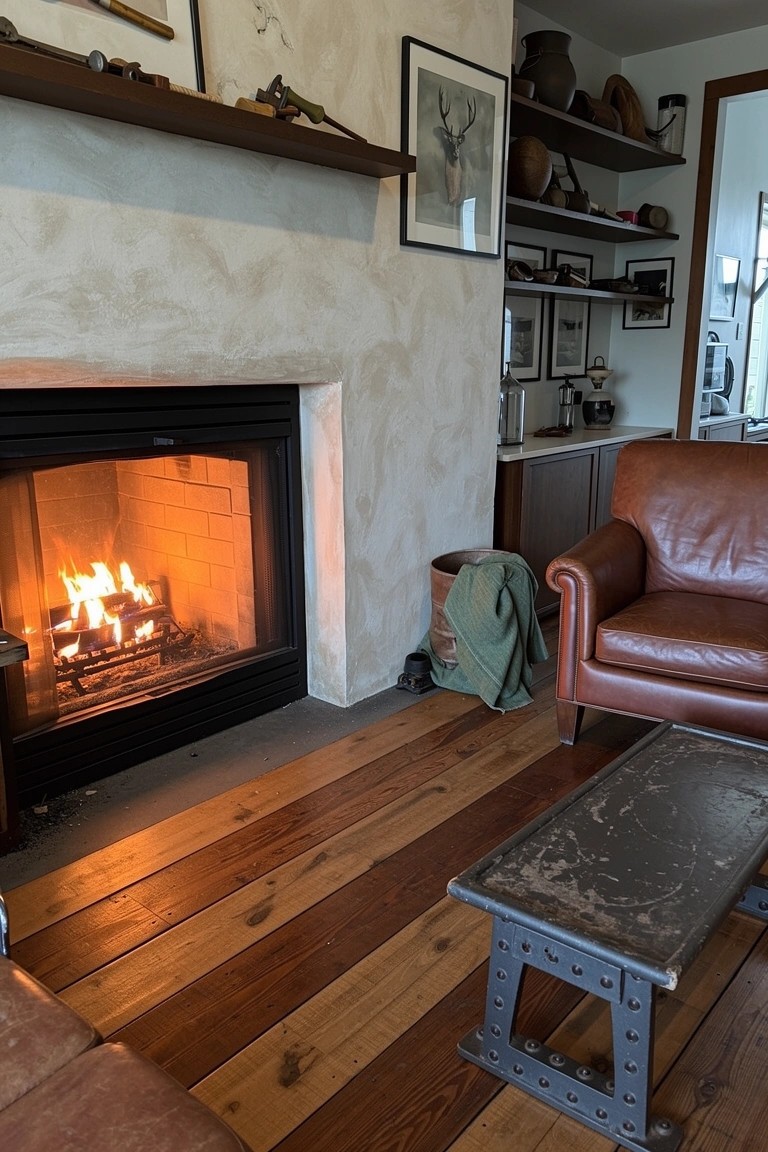 Rustic room corner with black fireplace, tan leather armchair, small metal stool table, and upper shelves holding hats and art