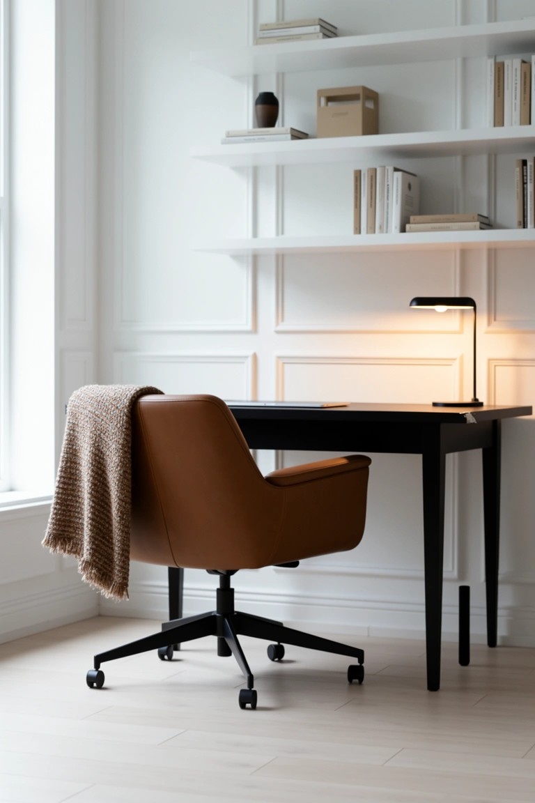 Brown leather swivel chair at black desk in minimalist white office with built-in bookshelves