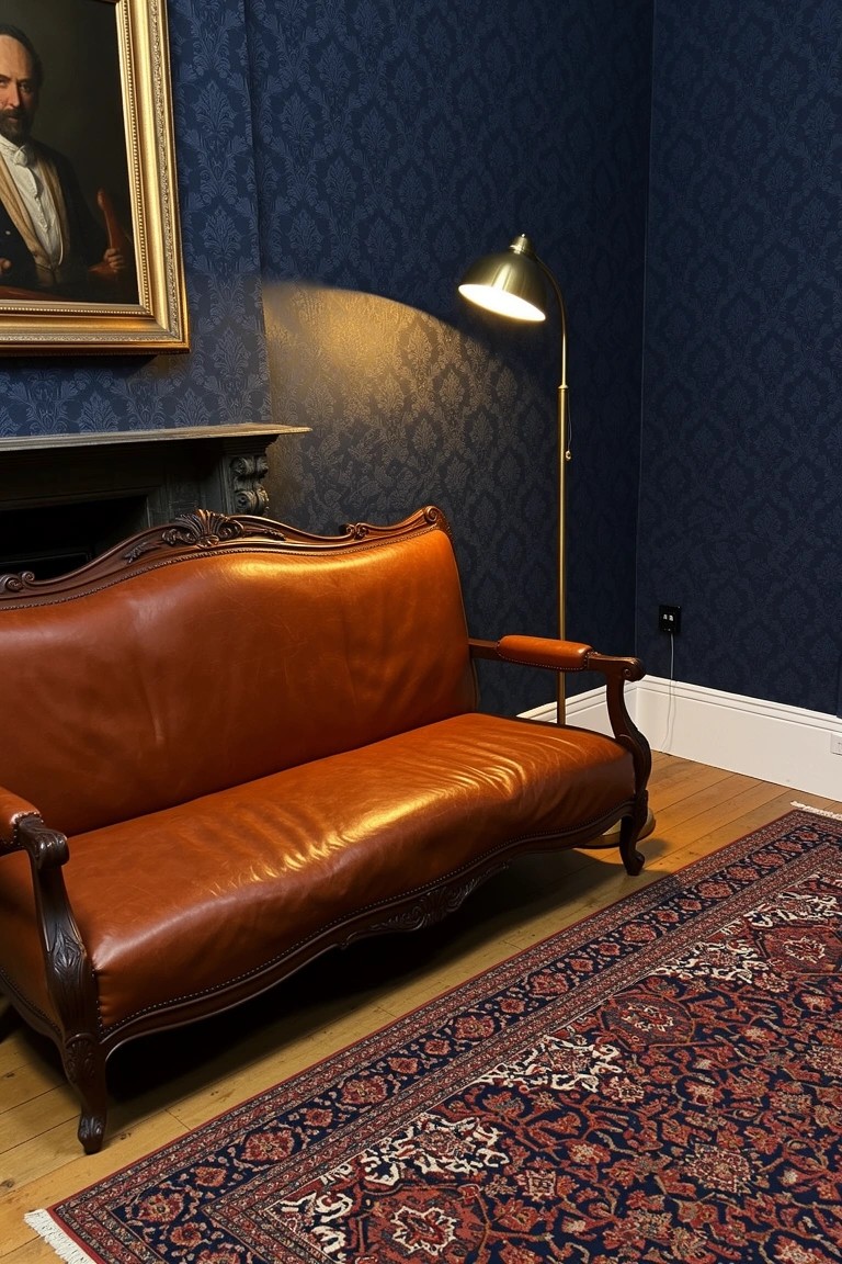 Tan leather Chesterfield sofa in corner of navy blue patterned wallpaper room with brass arched floor lamp and framed portrait painting