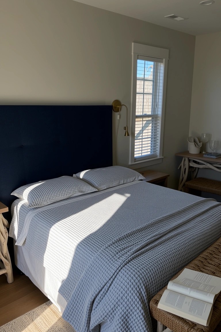 Bedroom with navy upholstered headboard, white bedding, light gray quilt, beige walls, and wood accents