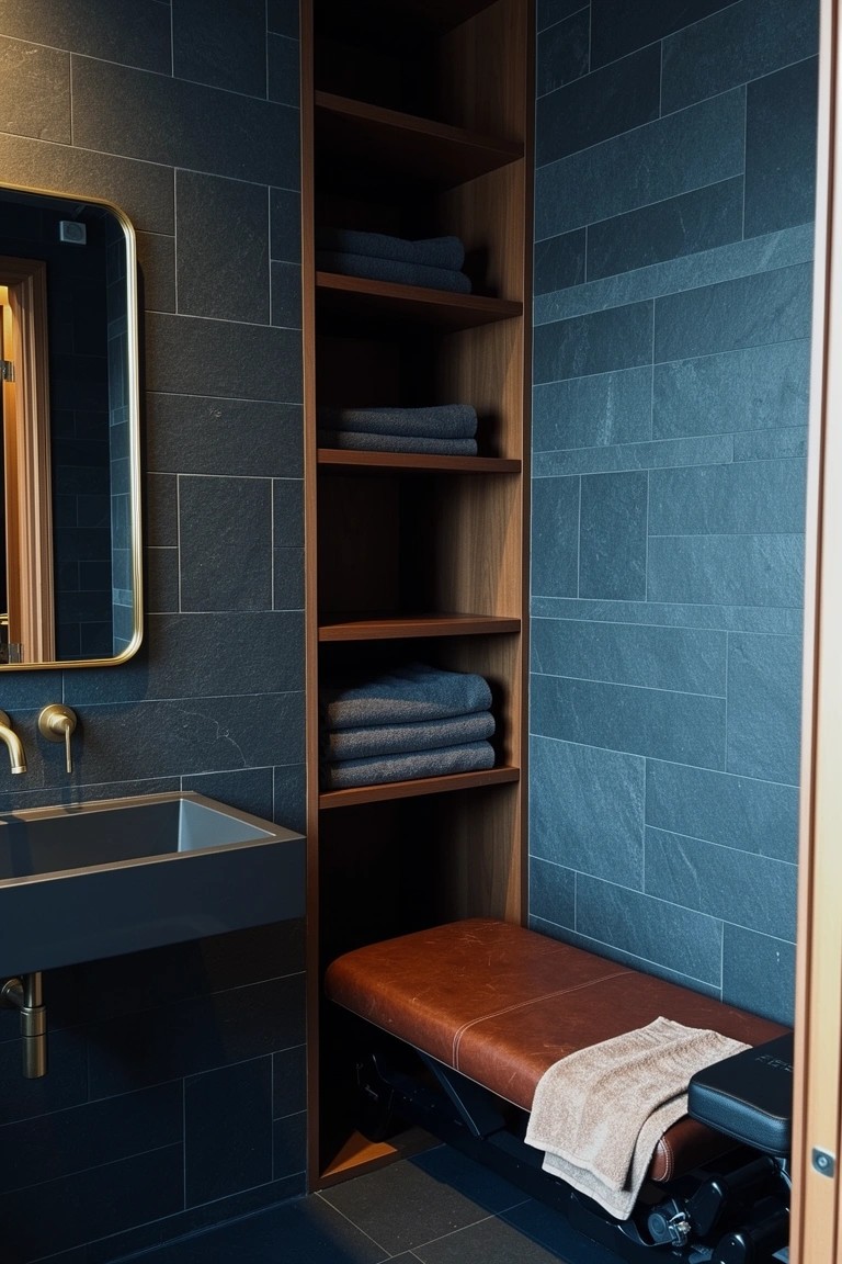 Tall wooden open shelves holding folded towels integrated into dark slate tiled bathroom wall with leather bench below