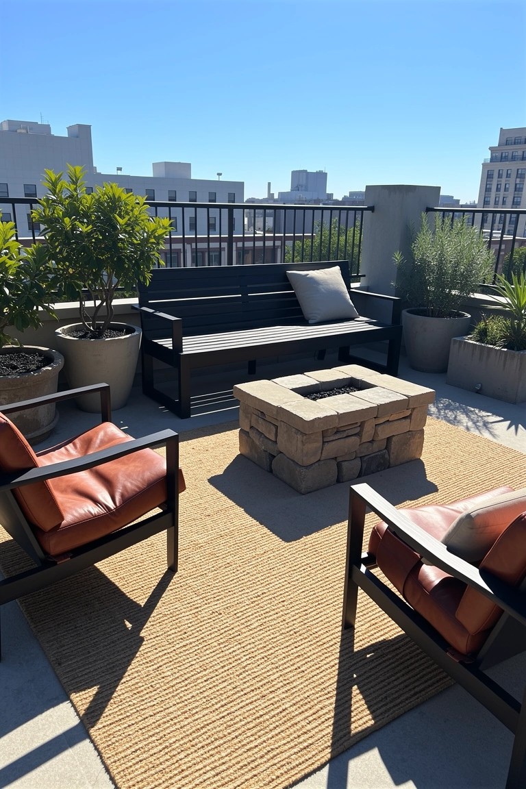 Rooftop terrace lounge with black wooden bench, orange leather armchairs, stone fire pit table on neutral rug, surrounded by potted plants and city skyline view
