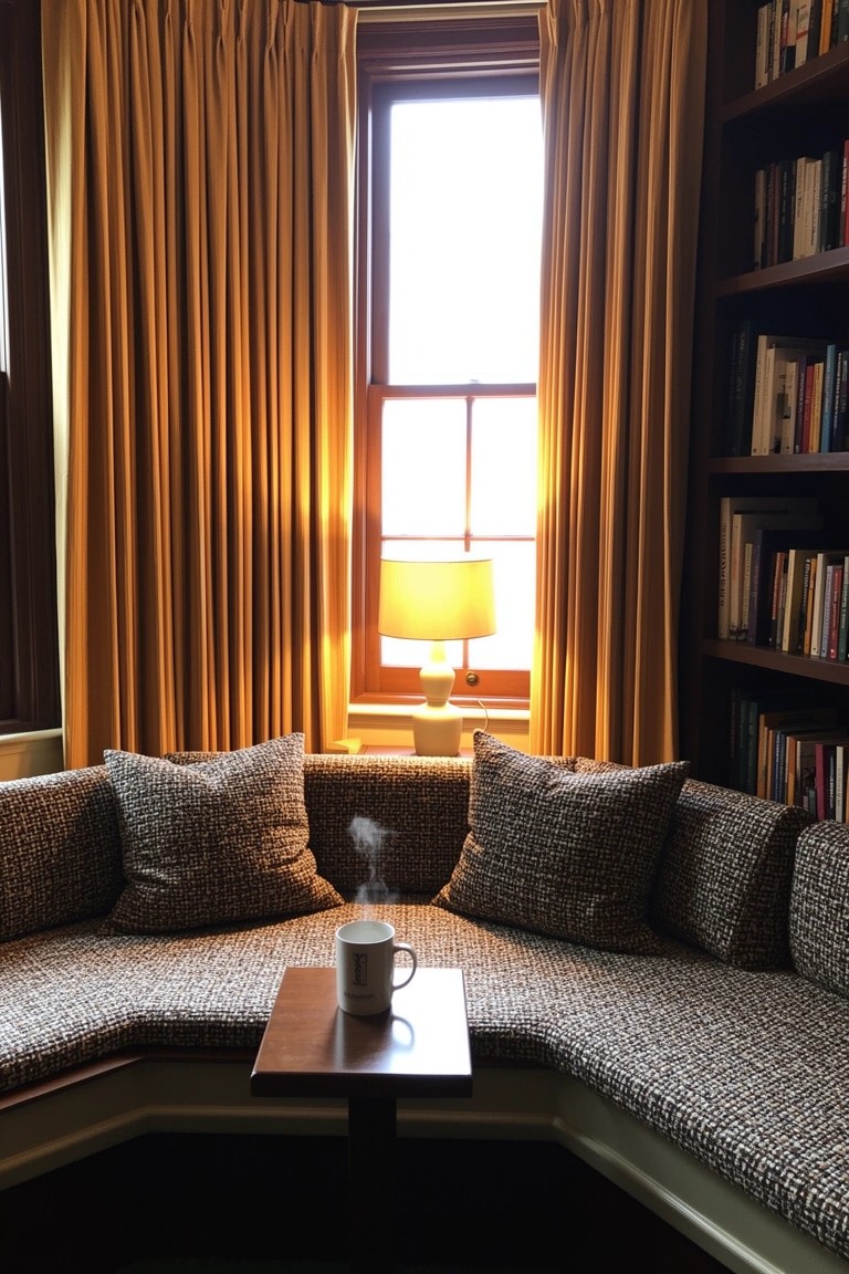 Cozy window banquette with textured cushions, small table holding a mug, lamp, bookshelves, and warm orange drapes